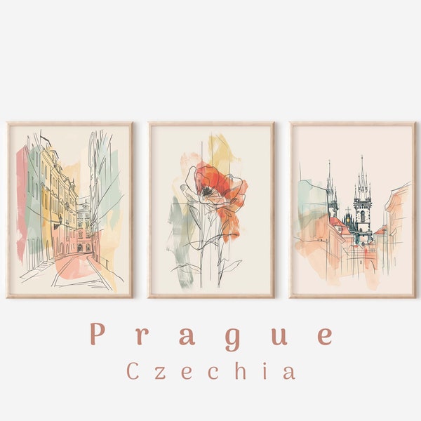 PRINTABLE Set of 3, Warm Neutral Tones Wall Art, Modern Minimalist Decor, Prague Old Town Square Print Set, Rose Print, Digital Download