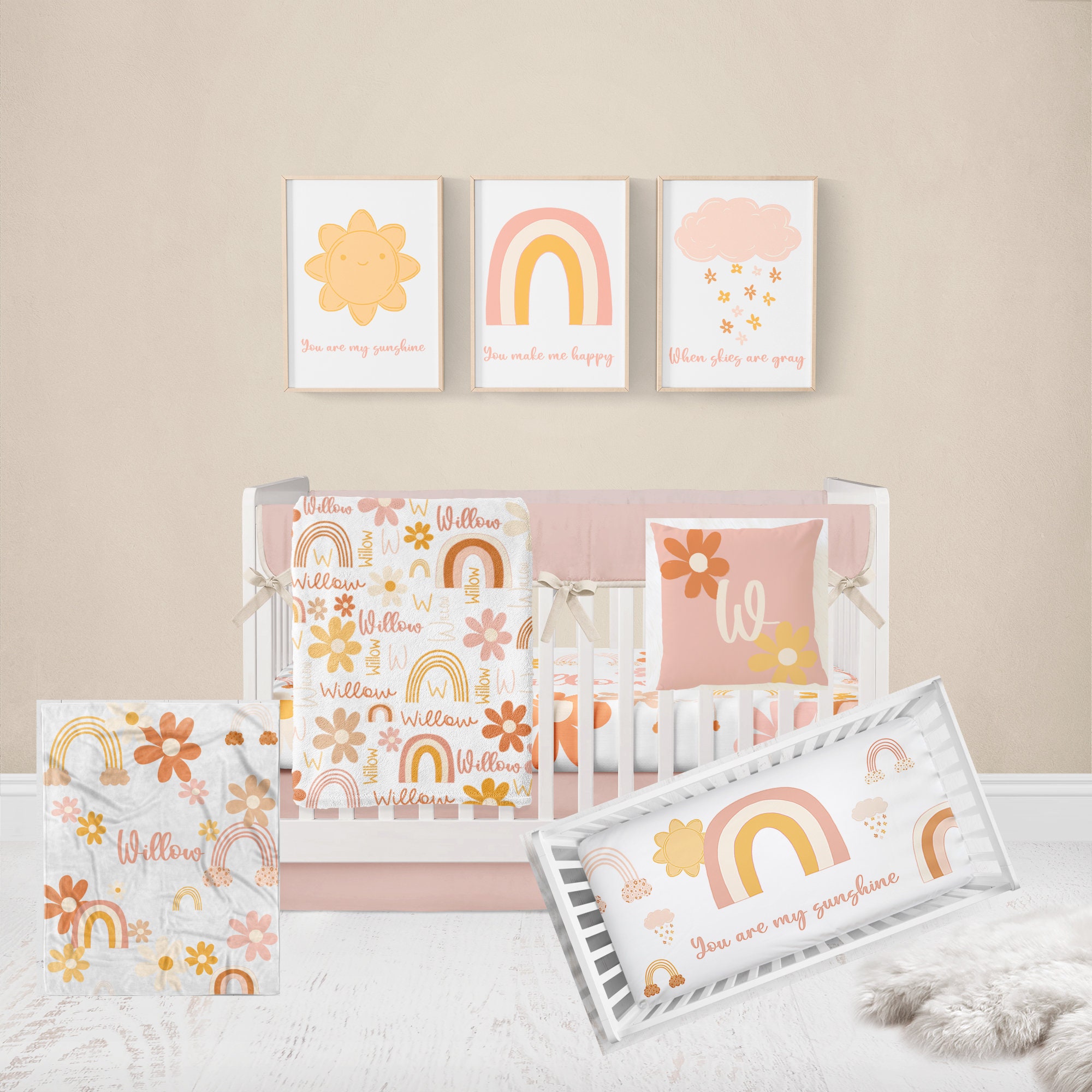 Retro Crib Bedding Set, Baby Girl Crib Bedding, Retro 70's Nursery for