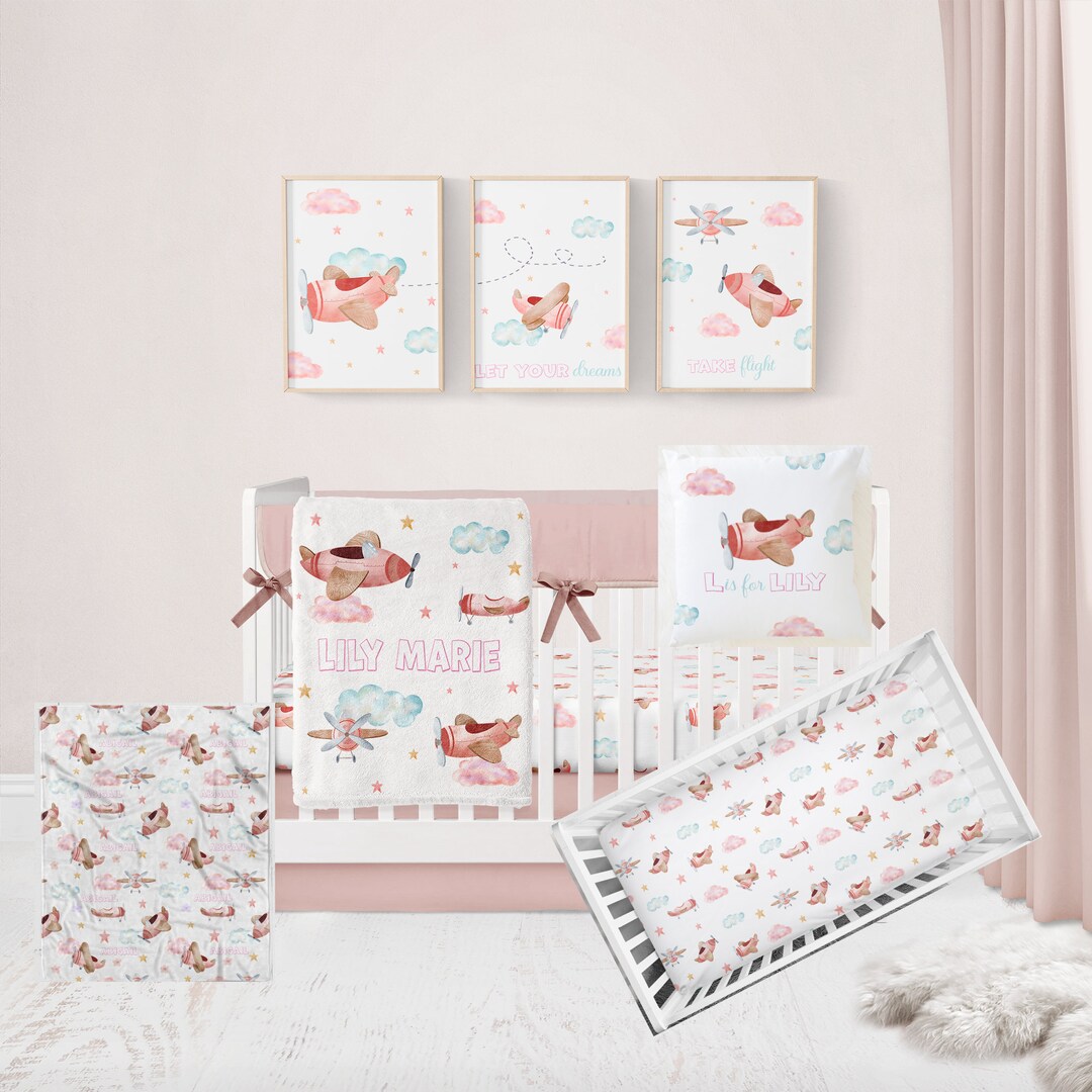 Airplane Nursery Bedding for Girl, Pink Airplane Crib Bedding, Girl
