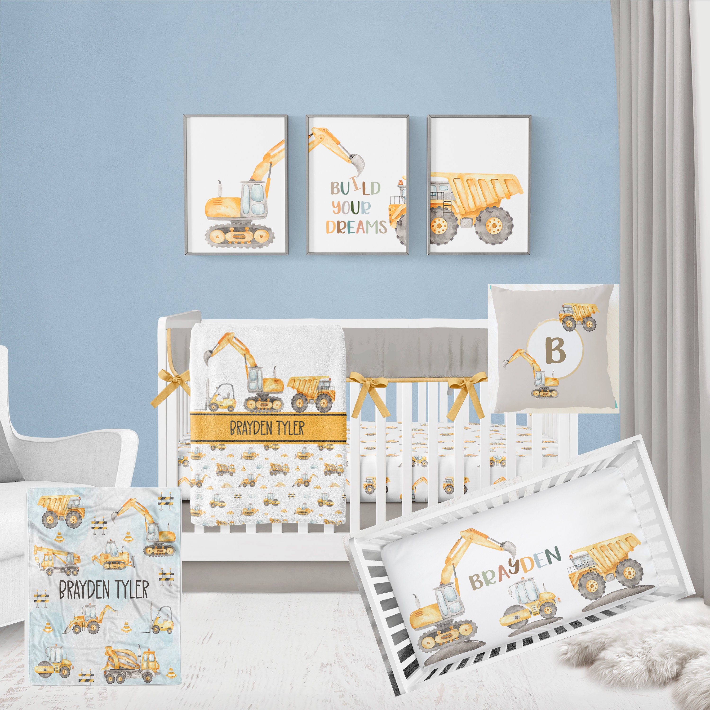 Construction Vehicles Wall Art Set of 3 Prints Excavator Etsy