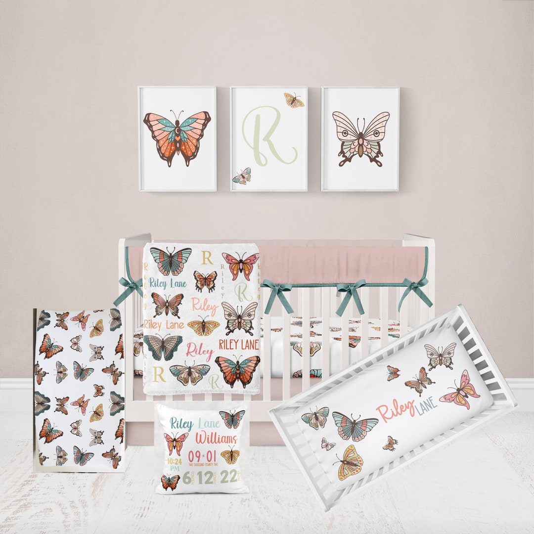 Baby Girl Crib Bedding Set, Butterfly Crib Bedding Set, Boho Crib