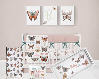 MINI Baby Girl Crib Bedding Set, Butterfly Mini Crib Bedding Set, Boho Mini Crib Bedding, Mini Crib Sheets Girl, Butterfly Nursery Bedding