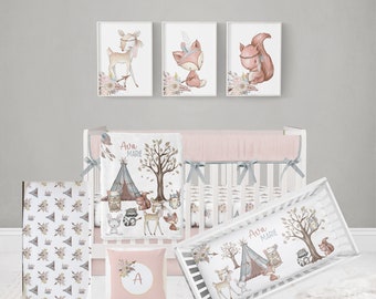 Woodland Crib Bedding Set, Girl Crib Bedding Set, Woodland Animal Nursery Set, Crib Sheets Girl, Fox, Deer Baby Girl Bedding, Crib Sets Girl