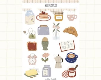 Könnte beinhalten: Ein Stickerbogen mit Frühstücksillustrationen. Enthält einen Milchkarton, Pfannkuchen, ein Glas Honig, eine Kaffeetasse, einen Teebeutel, einen Toaster, ein Croissant, Toast, einen Eierbecher, ein Buch, eine Uhr, Butter, eine Blume, eine Kaffeemaschine und Marmelade.