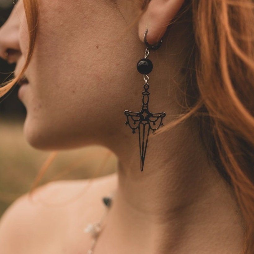Magic sword with obsidian earrings | golden obsidian | gold and silver | witch | witchy | medieval | gothic
