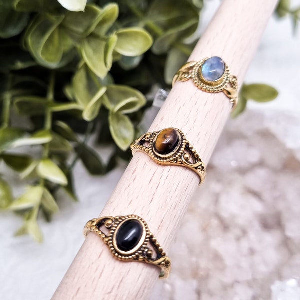 Mittelalter Boho Ring mit schwarzem Onyx - Tigerauge - Mondstein | Hippie | Witch Hexe | Geschenkidee | Kristallringe | Edelstein