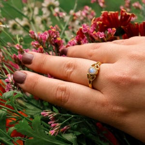 Könnte beinhalten: Ein goldener Ring mit einem zentralen, ovalen, irisierenden Mondstein-Cabochon. Die Ringschiene ist mit einem dekorativen Metallmuster gestaltet, das an drei miteinander verbundene Schlaufen oder Blütenblätter erinnert.