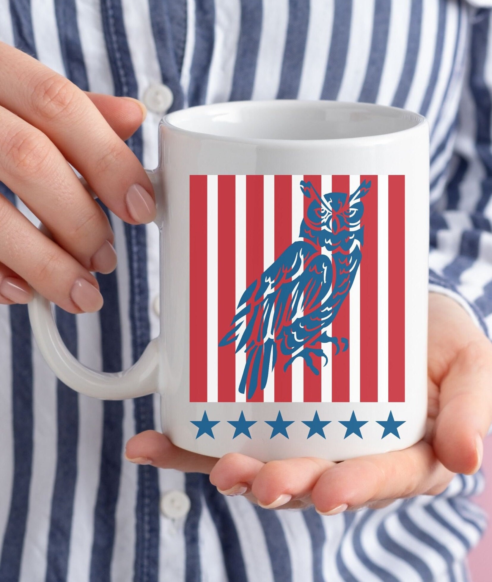 Owl Mug, Cool Mug for Independence Day, 4th of July Gift for Nature Lover, USA Flag Gift Mug for An