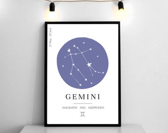 Impression de signe astrologique Gémeaux | Cadeau d'horoscope | Affiche du zodiaque astrologie | Cadeaux pour elle - A4