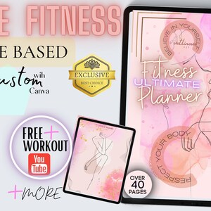 Puede incluir: Planificador de fitness digital con un diseño rosa y dorado. El planificador muestra el texto "Fitness Ultimate Planner" y "Believe in Yourself". La imagen también incluye el texto "Future Fitness" y "Science Based".