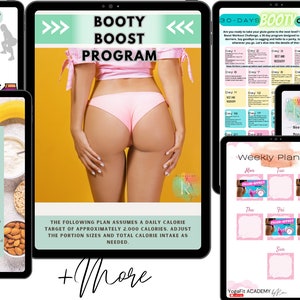Puede incluir: Una guía digital para un programa de aumento de glúteos con un desafío de 30 días, un planificador semanal y un rastreador de agua. La guía incluye un plan de nutrición, rutinas de entrenamiento y consejos para lograr un físico tonificado y esculpido.
