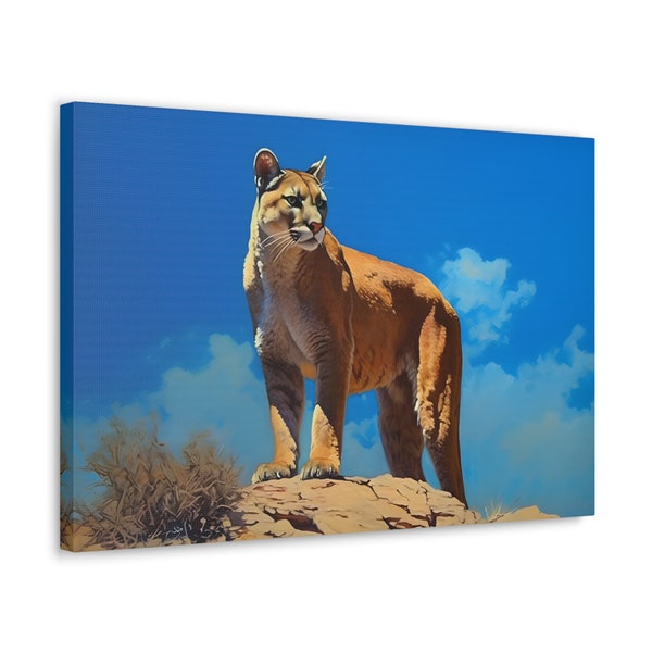 Mountain Lion On Rock Deep Blue Sky Realistic Oil Painting Style Canvas Print