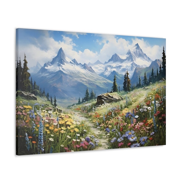 Alpine Wildflowers Oil Painting Style Canvas Print