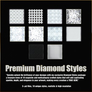 Può includere: Una visualizzazione grafica digitale che presenta dieci campioni quadrati di varie texture e motivi di diamanti disposti in file. Sotto i campioni, il testo recita: Premium Diamond Styles, seguito da un paragrafo descrittivo e 3-.asl files, 10 unique styles, realistic & high resolution.