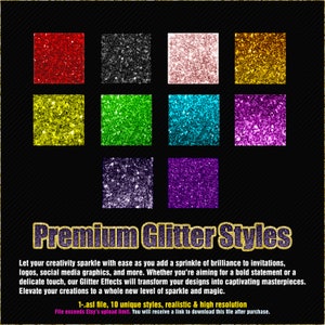 Può includere: Una collezione digitale di dieci campioni quadrati di texture glitter in rosso, nero, oro rosa, oro, giallo, verde, blu, viola, grigio scuro e violetto. Il testo recita Premium Glitter Styles, 1-asl file, 10 unique styles, realistic & high resolution.