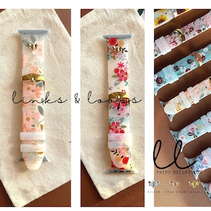 Flower Print Silicone Band for Apple Watch Silver Rose Gold 38/40/41mm 42/44/45/49mm Series 9 - 1 with Bee Charm, Floral Pattern Watch Strap