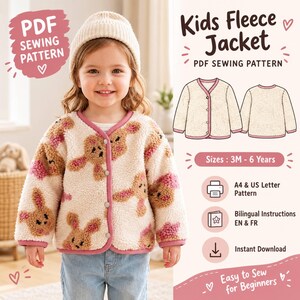 May include: A PDF sewing pattern for a kids fleece jacket featuring a cream-colored jacket with a brown and pink bunny pattern, long sleeves, and snap buttons. The text includes Kids Fleece Jacket, PDF Sewing Pattern, Sizes: 3M - 6 Years.