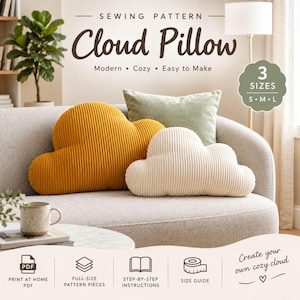 May include: A sewing pattern for a cloud pillow featuring text that reads Sewing Pattern Cloud Pillow Modern Cozy Easy to Make. The image displays a mustard yellow and a cream-colored corduroy cloud-shaped pillow alongside a sage green pillow.