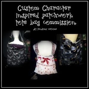 May include: Custom character-inspired patchwork tote bag commission. The image shows three unique tote bags. One is black with a celestial design, another is white with strawberries, and the third is black with a butterfly pattern. All fandoms welcome.