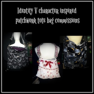 Op de afbeelding: Drie patchwork tote tassen worden gepresenteerd tegen een zwarte achtergrond. De tassen hebben verschillende ontwerpen, waaronder een zwart-wit patroon met vleermuizen en manen, een witte tas met aardbeien en een rode strik, en een zwart-grijs hemels patroon.