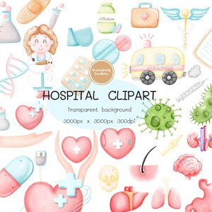 Op de afbeelding: Een aquarel-illustratieset met ziekenhuis- en medische thema's. De set bevat een arts, een ambulance, pillen, een hart, een stethoscoop, een spuit, een virus, een hersenen, longen, een nier, een lever, een bot, een verband, een thermometer, een DNA-streng, een EHBO-doos, een medicijnfles en een hand die een hart vasthoudt.