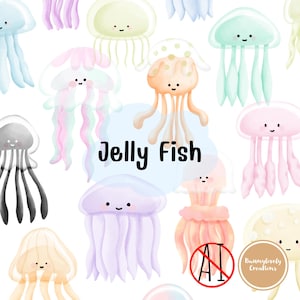 Cute Jellyfish Clipart Set – Kawaii Ocean Animals | PNG with Transparent Background