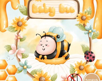 Baby Bee Clipart Set: Bumblebee, Honeycomb, Sunflower (PNG Download)
