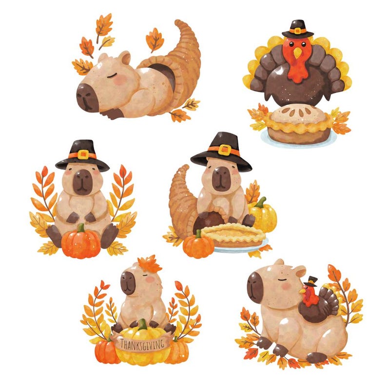 Thanksiving Capybara Thanksgiving Capybara Clipart | Watercolor Autumn Animals PNG (digital ...