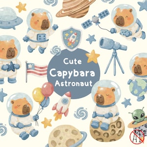 May include: Watercolor illustration featuring multiple capybara astronauts in space suits, alongside planets, stars, a rocket, and a telescope. The image includes the text "Cute Capybara Astronaut" on a blue circle.