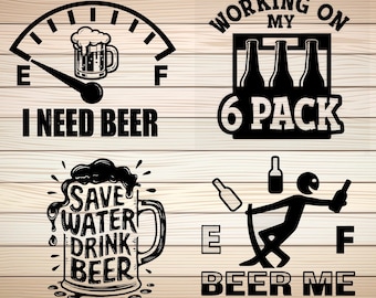 4 x Funny Beer SVG PNG Bundle files Working On My 6 Pack Clipart - Save Water Drink Beer Cut File - Beer Me Sarcastic Sublimation Design