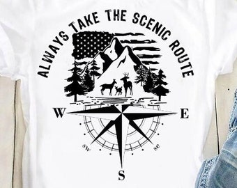 Always Take The Scenic Route American Flag PNG SVG File Camping Travel Adventure Wild Compass Mountain Hiking Svg Shirt Digital Download