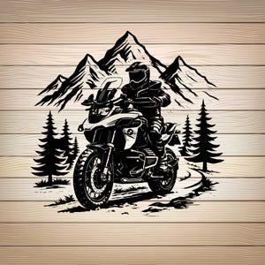 May include: A black and white graphic illustration printed on a light wood grain surface, depicting a motorcyclist wearing a helmet riding a motorcycle on a dirt path, surrounded by pine trees and a large mountain range in the background.