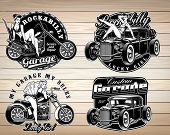 4 x Old School Vintage Retro Pin-Up Girl Rockabilly SVG PNG-bestanden Rockabilly Lucky Girl voor T-shirt Vinylsticker digitale clipart downloaden