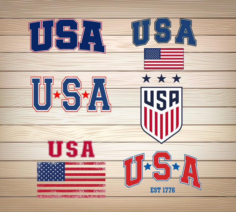 May include: A collection of six different graphic designs featuring the word "USA" in various styles. The designs include a classic red, white, and blue color scheme, a distressed American flag, and a soccer-inspired design with stars.