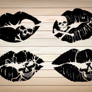 以下が含まれることがあります： 4つの黒い唇のデザインで、スカルとクロスボーンまたはスカルのグラフィックが特徴です。唇はさまざまな形とサイズで、木目調の背景に配置されています。スカルは詳細な特徴を持ち、全体的なテーマはゴシックまたはエッジーです。