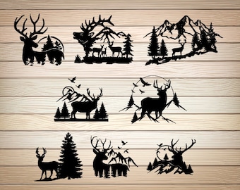 14 x cerf Bundle SVG fichier PNG Nature cerf montagnes animaux Svg Png cerf Clipart chasse chemise Design cerf tête Svg Png téléchargement immédiat