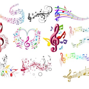 May include: A collection of colorful musical notes and treble clefs arranged in various designs. Some designs include hearts, swirls, and flowing lines. The notes are in different colors, including red, blue, green, yellow, and purple.