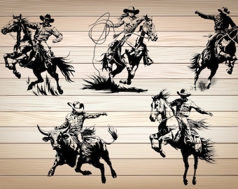 5 x Cowboy Roping SVG PNG-bestanden Cowgirl Svg Png Cowboy paard Cowboys stier western paard voor T-shirt auto vinyl decal digitale clipart downloaden