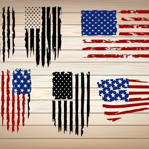 May include: A set of six distressed American flag designs. The flags are in various styles, including a traditional flag, a flag with a distressed look, and a flag with a grunge effect. The flags are all in black and white or red, white, and blue.