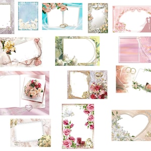 14 x digitala fotoramar för bröllop, PNG, hjärtblommor, transparenta PNG-blommor, digitala bröllopsfotoramar, clipart, direktnedladdningsbara filer