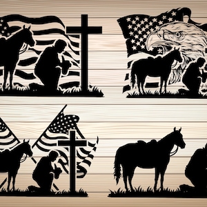 Puede incluir: Cuatro diseños de silueta en blanco y negro con un caballo, una persona arrodillada, una cruz y una bandera estadounidense. Los diseños son perfectos para crear manualidades patrióticas, decoración del hogar o descargas digitales.