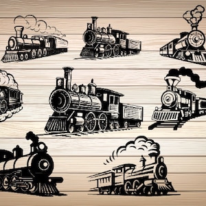 May include: A collection of seven black and white silhouette illustrations of vintage steam locomotives. Each locomotive is depicted with a plume of smoke and is facing forward. The locomotives are set against a wood grain background.