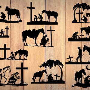Puede incluir: Un conjunto de 10 diseños de silueta negra que representan a un vaquero rezando con un caballo y una cruz. Los diseños son perfectos para crear arte metálico personalizado, letreros de madera o calcomanías de vinilo.