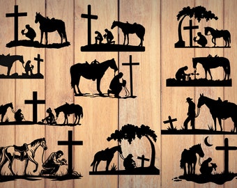 Pode incluir: Um conjunto de 10 desenhos de silhueta preta com um cowboy rezando com um cavalo e uma cruz. Os desenhos são perfeitos para criar arte metálica personalizada, placas de madeira ou adesivos de vinil.
