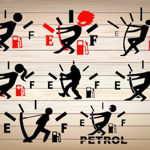 May include: A set of eight black and red fuel gauge stickers with different characters pushing the needle to full. The stickers say "E" and "F" for empty and full. The last sticker says "PETROL".