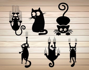 6 x Funny Cat PNG SVG Files screeching cat falling cat vector graphic black cat Template Cute Cats 6 SVG Bundle Instant Download