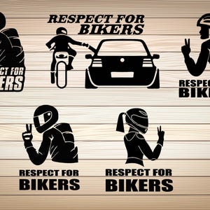 Może przedstawiać: Pięć czarno-białych naklejek z tekstem "Respect for Bikers" i obrazami motocyklistów w kaskach.