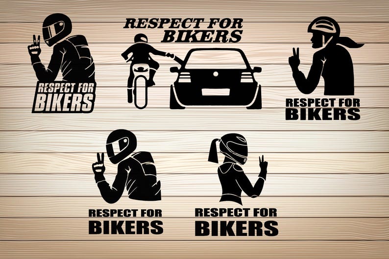 May include: Five black and white decals with the text "Respect for Bikers" and images of motorcyclists wearing helmets.