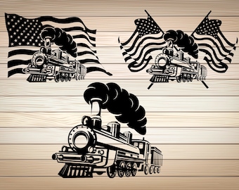 3 x Train PNG SVG Steam Engine Vintage Retro Usa Flag Train Clipart Vector Image Locomotive Silhouette Railway Locomotive Sublimation Design
