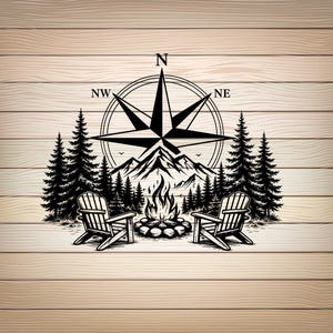 May include: A black graphic illustration on a light wood grain background featuring two Adirondack chairs facing a campfire, set before a forest of pine trees and mountain peaks, topped with a compass rose marked with N, NW, and NE directions.